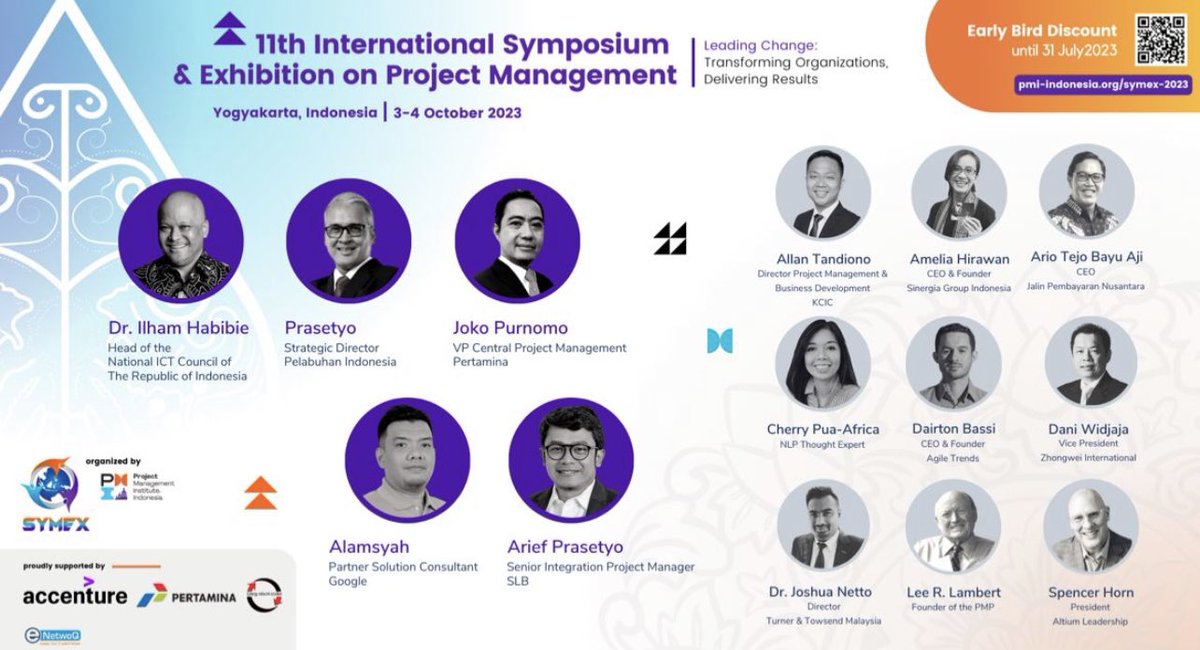 PMIIndonesia's tweet photo. Addition to our line up of #Symex 2023 speakers, are Dr.ILHAM A. HABIBIE (Head of National ICT Council), Prasetyo Pras (Strategic Director at Pelindo), Joko Purnomo (VP Central Project Management at Pertamina) — https://t.co/AYD9NTmxLh