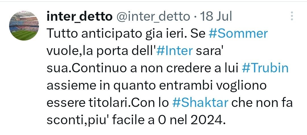 inter_detto's tweet photo. Circolarano voci su #Trubin solo a 0 con in arrivo solo #Sommer e #Stankovic promosso secondo.Che poi c'e' chi lo dice da mesi,ma gli altri sono sempre piu bravi ed informati. Su questo profilo solo notizie verificate,no 100 post e 100 nomi al giorno. #Inter #amala #Calciomercato https://t.co/SGahCTF2PH