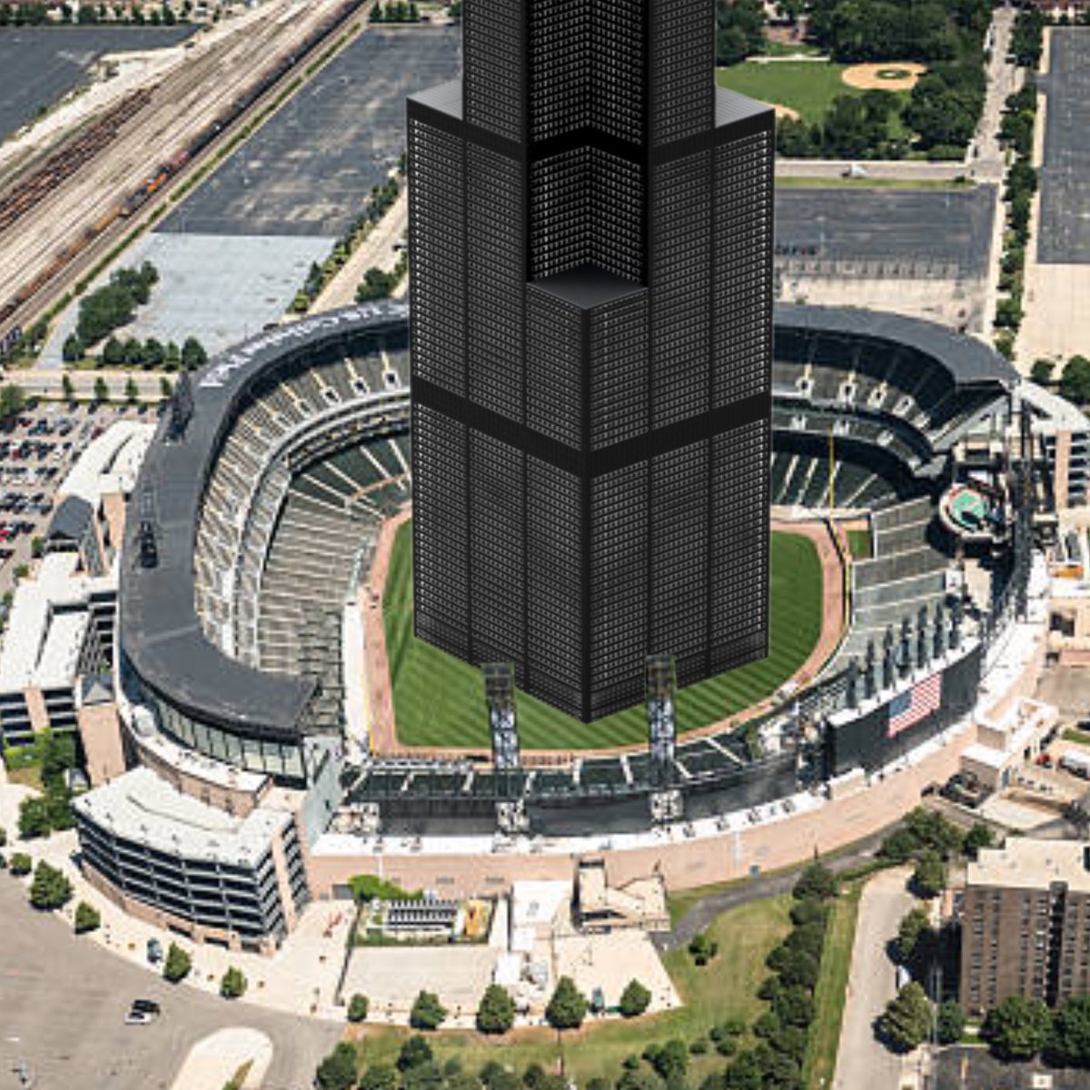 the footprint of the sears tower (willis tower) is 225 feet x 225 feet. if placed on guaranteed rate field as depicted below they would have to cancel the game