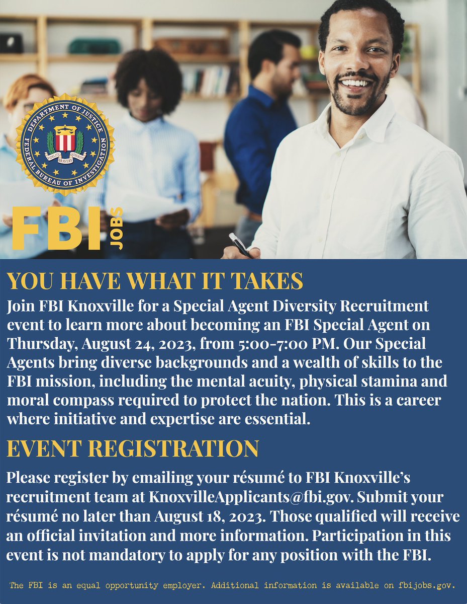 Looking for a new job and professional challenge? Consider a Special Agent career with the #FBI. No law enforcement or military background is required. Email your résumé to KnoxvilleApplicants@FBI.Gov to apply to join us on August 24th. #FBIJobs