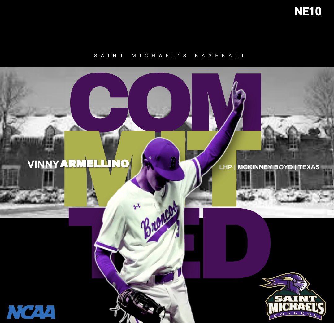 I am excited to announce that I’ll be furthering my academic and athletic career at Saint Michael’s College. I want to thank my family, friends, and coaches for all the support along the way. Go Purple Knights! @saintmichaels <a href="/smcathletics/">SMC Purple Knights</a> <a href="/JBadarack/">Jordan Badarack</a> <a href="/UnitedBC_USA/">United Baseball Club</a> <a href="/MBHS_Baseball/">McKinneyBoydBaseball</a>
