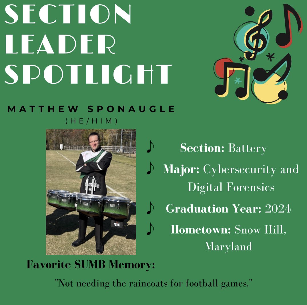 sumusicdept's tweet image. Our Section Leader Spotlight for today goes to Matt! Matt is one of our co-section leaders of our battery, and he has been playing quints in our percussion section for the last two seasons. #stevensonuniversity #stevensonuniversitymarchingband #sectionleader #sumb