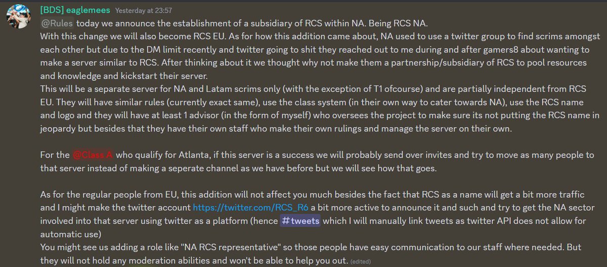 We hereby open up the RCS NA server which is a subsidiary we opened up in cooperation with NA siege people. Keep in mind this is NA/LATAM only.
discord.gg/x4VMHzDBFQ 
For more information this change, how it came about etc please read the attached image below.
