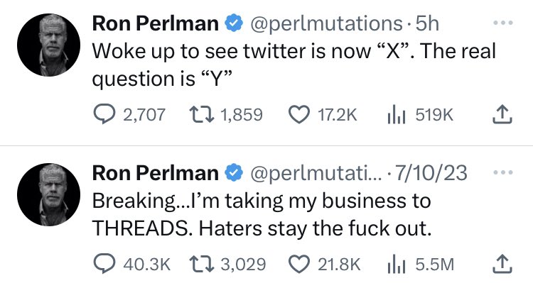alx's tweet photo. Ron Perlman’s 𝕏 boycott didn’t even last 3 weeks. https://t.co/tb7pbmNHnp