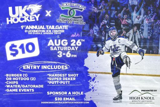 KentuckyHKYClub's tweet photo. ATTENTION HOCKEY FANS!

Come join us on August 26th for our first ever UK Hockey + Lexington Thoroughbreds tailgate! Hang out with our guys and the youth team and enjoy some food, drinks, and games! It’ll be held at the Lexington Ice Center from 3pm to 6pm. https://t.co/PFgTSzPxDR
