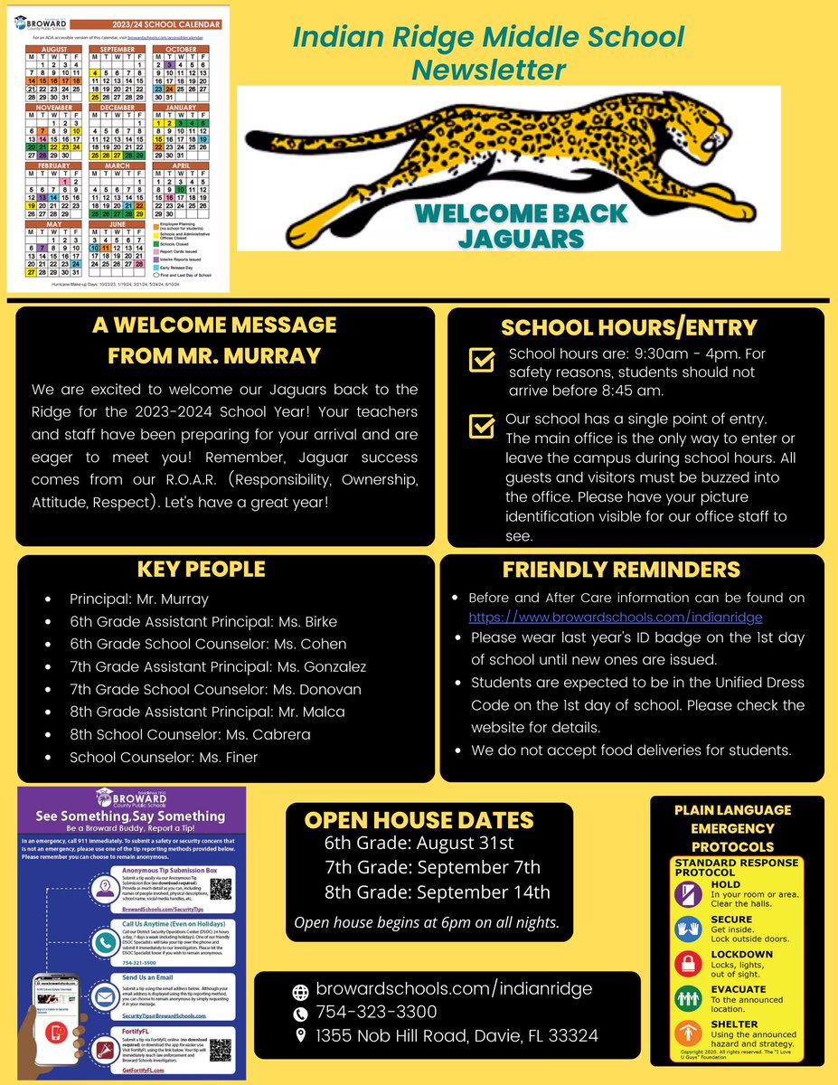 Mr_Malca's tweet photo. Jaguar 🐆 families please review our back to school newsletter for important information. @MurrayPrincipal @irmsortiz #SeesomethingSaysomething #fortifyfl #JaguarPride https://t.co/0EERSH9WSz