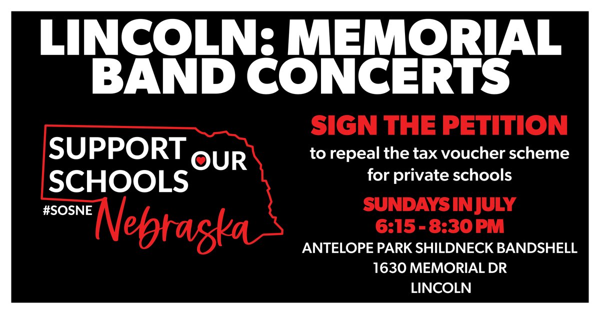 Sign the petition! 
LINCOLN
Memorial Band Concerts
Sundays in July, 6:15 - 8:30 PM
Antelope Park Shildneck Bandshell, 1630 Memorial Dr, Lincoln
