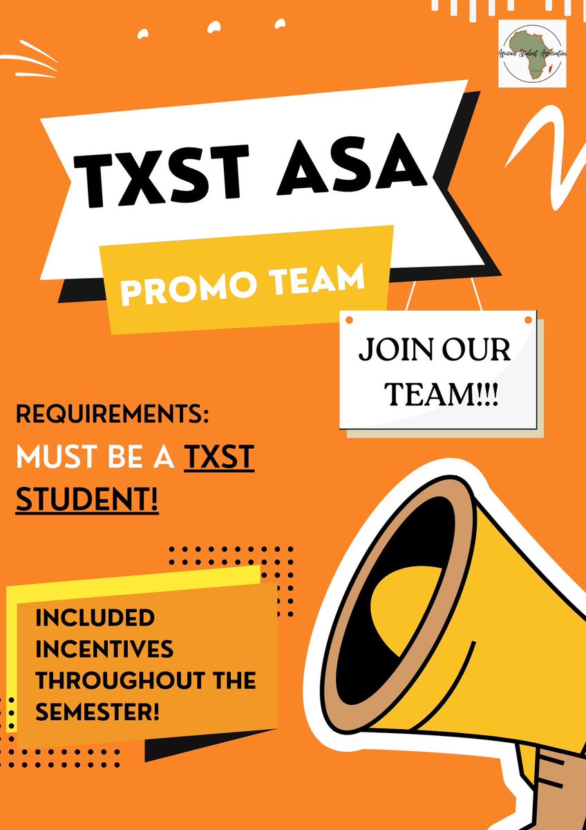 TxStateASA's tweet photo. Calling on all TXST students! TXST ASA is now forming our very own promo team for future events and YOU can be a part of it! Exciting incentives included! DM us now to jump on board! 

Reminder: this opportunity is only open to TXST Students! https://t.co/pfGRNloLAk