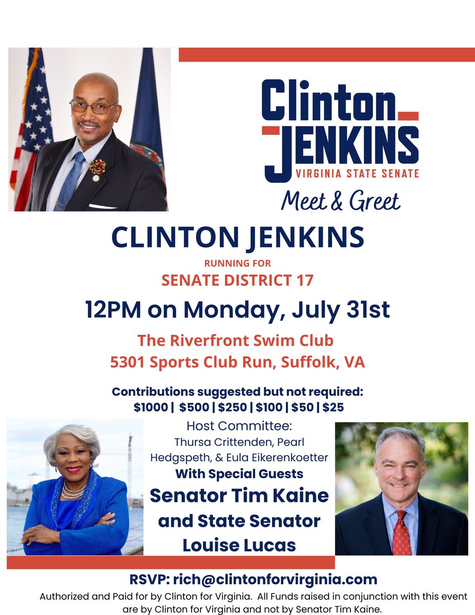 Join @timkaine, @SenLouiseLucas, and me for a meet and greet tomorrow. You can RSVP right here: secure.actblue.com/donate/jenkins…. Hope to see you there!