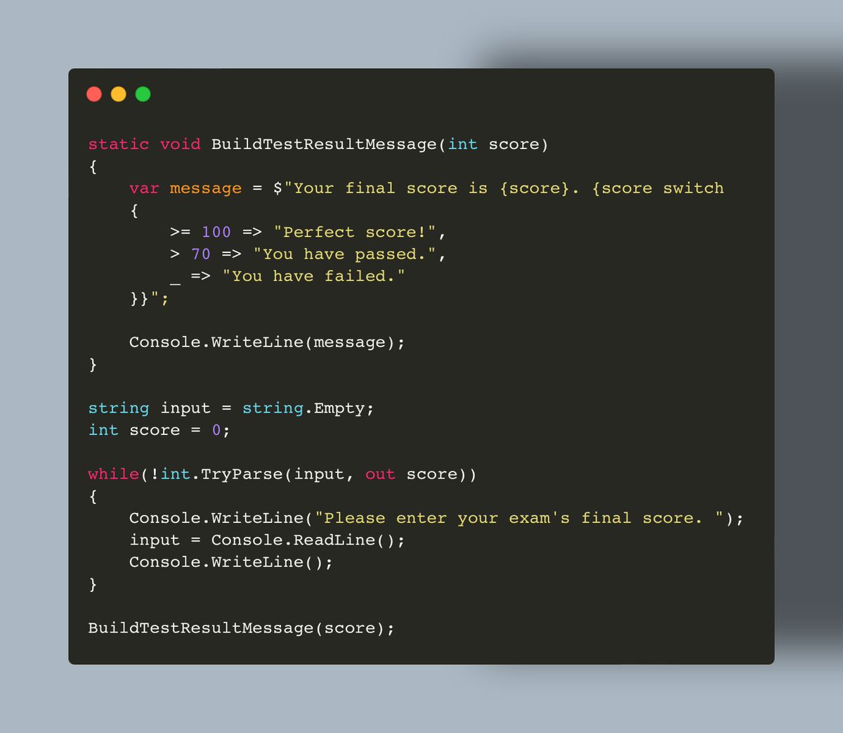 lesterbotello's tweet image. Did you know that in C# 11 you can easily insert relatively complex logic that spans multiple lines directly inside your interpolated strings? This not only enhances readability, but also simplifies validation logic.
#csharp #dotnet7