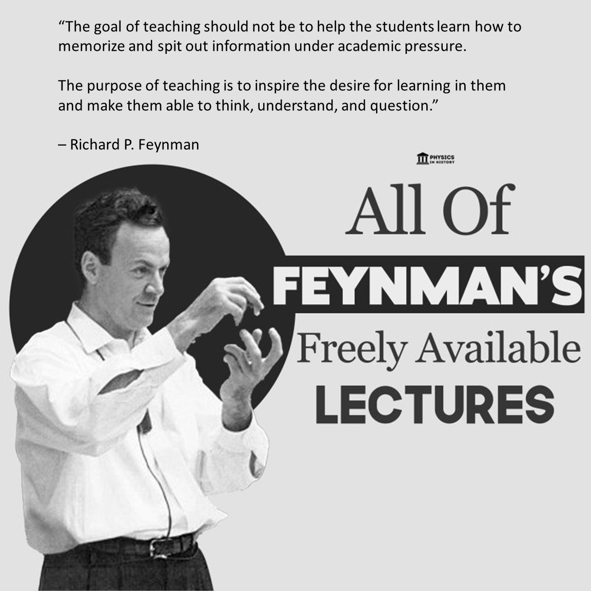 KirkDBorne's tweet image. HT @CEO_AISOMA >>
The Feynman Lectures on #Physics are Free online here: 
Volume 1: feynmanlectures.caltech.edu/I_toc.html
Volume 2: feynmanlectures.caltech.edu/II_toc.html
Volume 3: feynmanlectures.caltech.edu/III_toc.html
See also his thoughts on "The Character of Physical Law": feynmanlectures.caltech.edu/fml.html