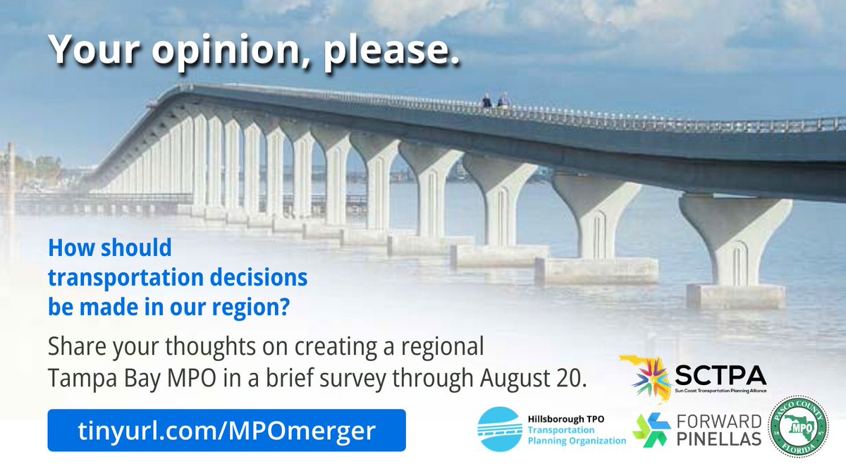 Hey Hillsborough, Pasco &amp; Pinellas Counties #yourvoicematters! Tell us what’s most important in transportation decision-making for your local community, your county &amp; the region in this brief survey open through 8/20 at: tinyurl.com/MPOmerger 
More info: suncoasttpa.org/regional-plans…