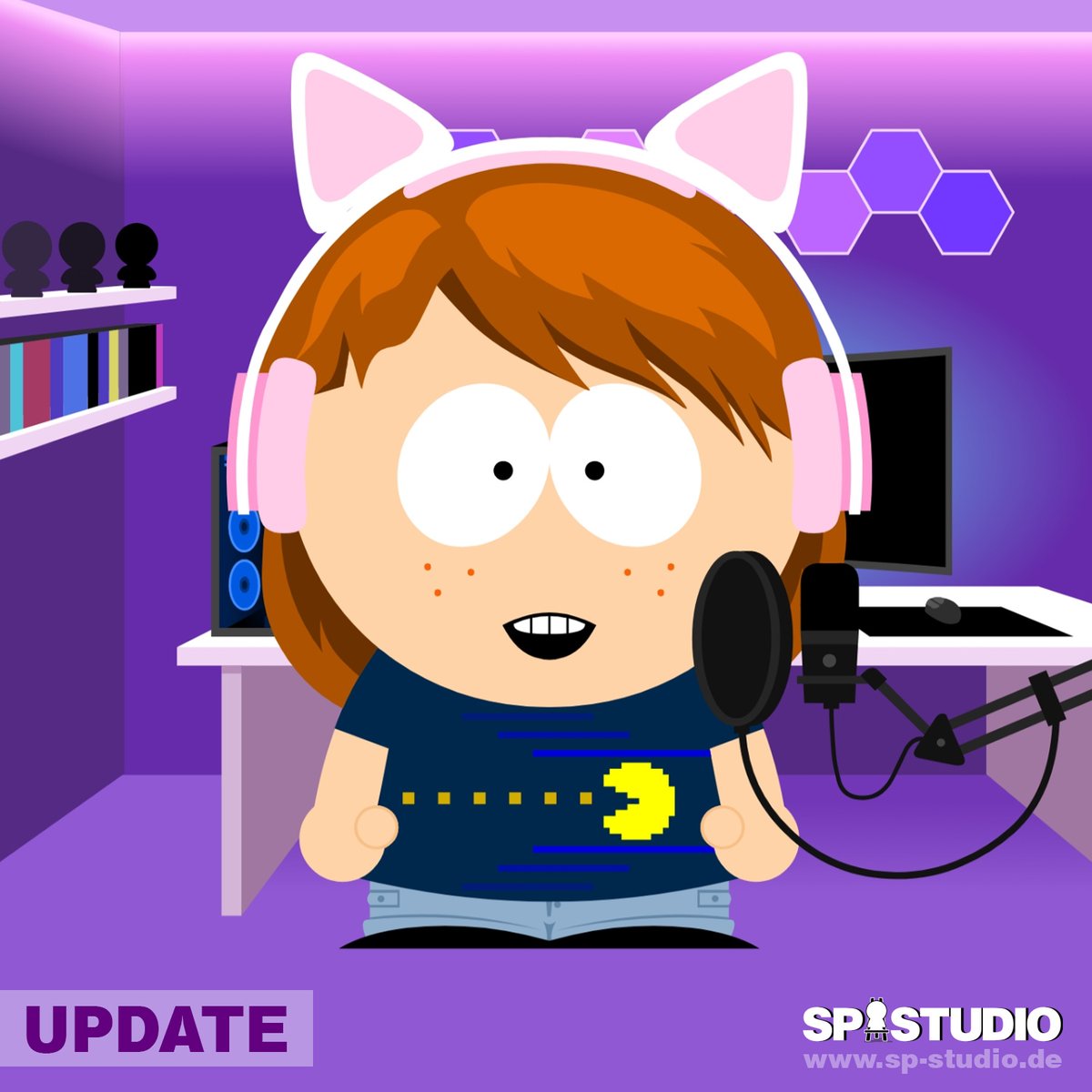 sp-studio.de UPDATE! 🎮 
I have drawn a  modern gaming room with LED lights for you as a new background. And there are matching accessories: a professional streaming / podcast microphone, cute cat ear headphones and a retro gaming shirt (all in custom colors).