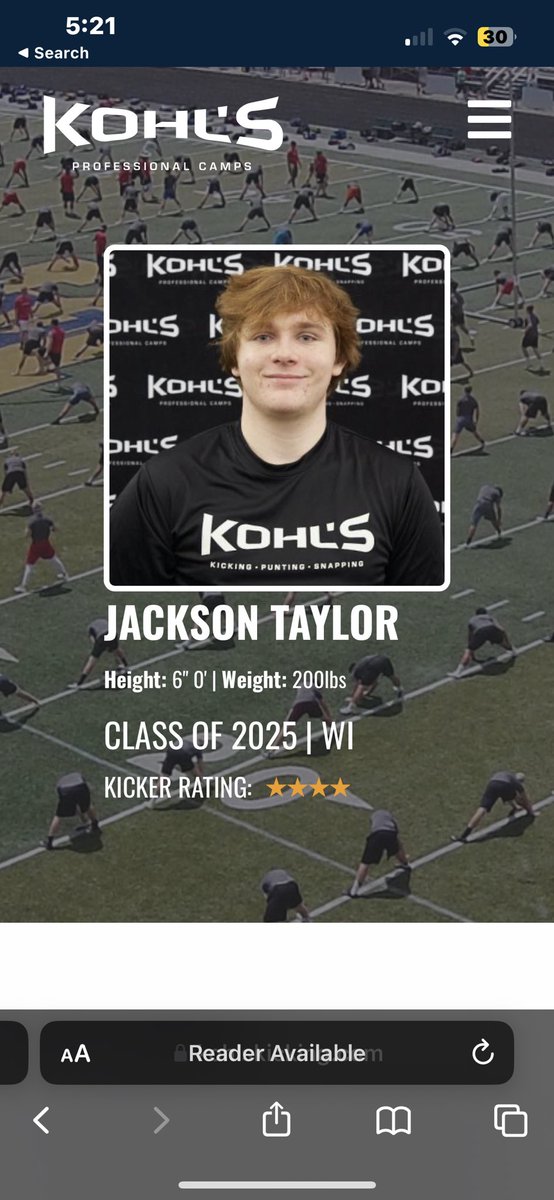 JacksonTaylor86's tweet photo. I’m proud to announce that I have received a 4 ⭐️ ranking through the National Scholarship Kicking Camp!  @KohlsKicking https://t.co/RXm2A94JSE