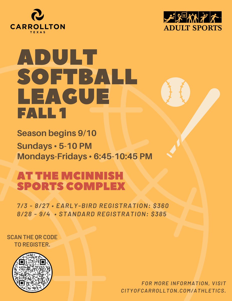 CarrolltonParks's tweet image. The registration &amp;amp; season start date has been changed for the Fall 1 session. The most accurate information is listed below on this flyer! Don&apos;t waste your time, sign up now!🥎 #adultsoftballleague #carrolltontx
 webtrac.cityofcarrollton.com/wbwsc/webtrac.…