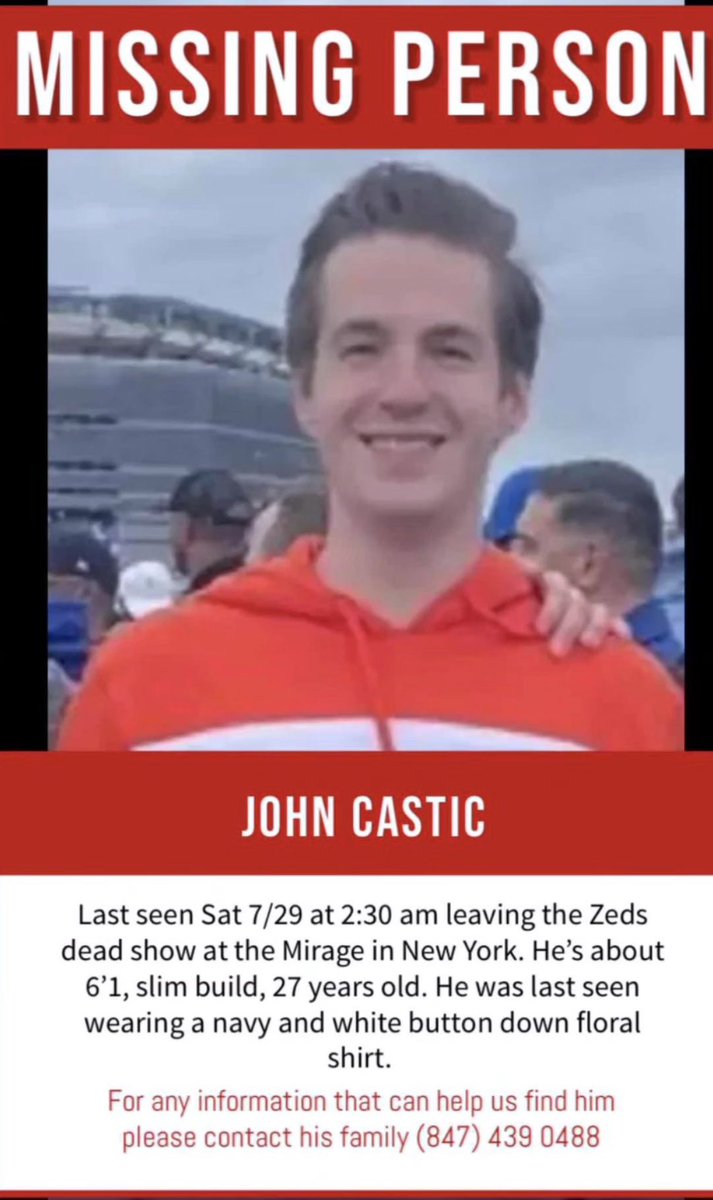 brookehaliscak's tweet photo. ‼️NYC AREA - MISSING PERSON‼️
John Castic was last seen at @BrooklynMirage Saturday morning leaving a show and hasn’t been seen or heard from since. Please reach out to the number attached if you have any information. https://t.co/eAgU6jeUVN