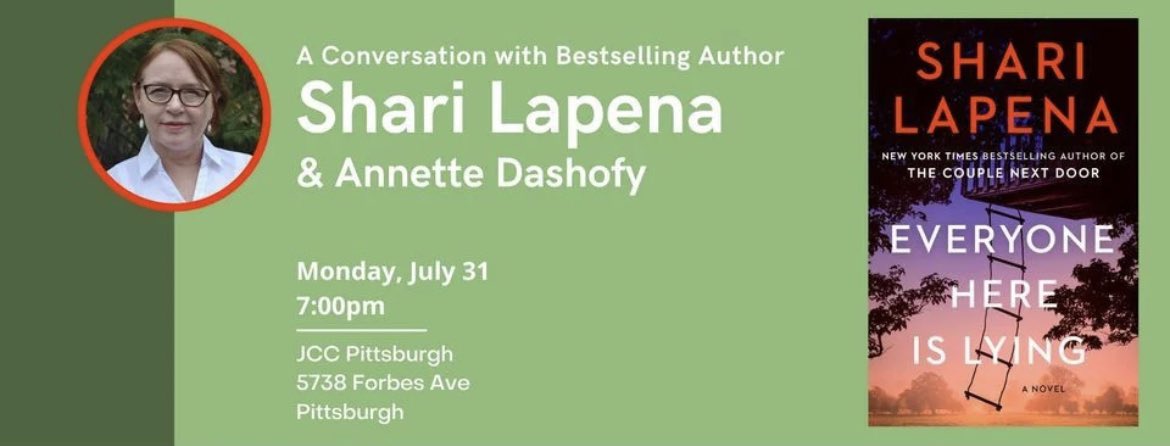 JodeneWeber's tweet photo. International best-selling author @sharilapena is coming to the ‘Burgh! Tomorrow night, and her discussion is moderated by my friend and PghSinc president @Annette_Dashofy!

So excited to hear what this great suspense author has to say and to support my friend Annette! 🎉🎉🎉 https://t.co/seTKoMruXv