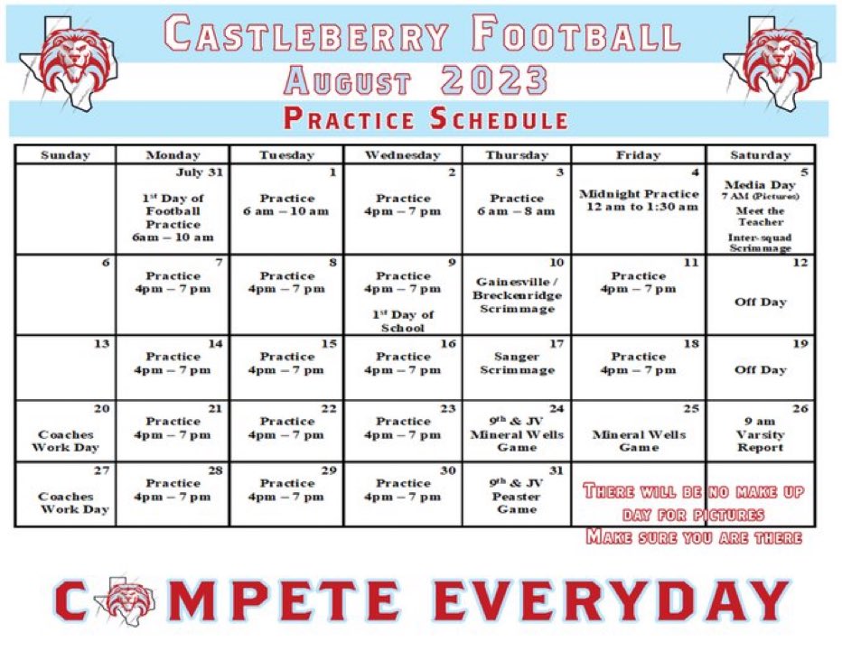 Jrsilva2Juan's tweet photo. High School Football practice starts tomorrow morning. Want to be on the field as close to 6 am as possible. Field house will be open at 5:30am. Make sure you have completed all online paperwork and have your physical turned in. https://t.co/zUL4JllKxd