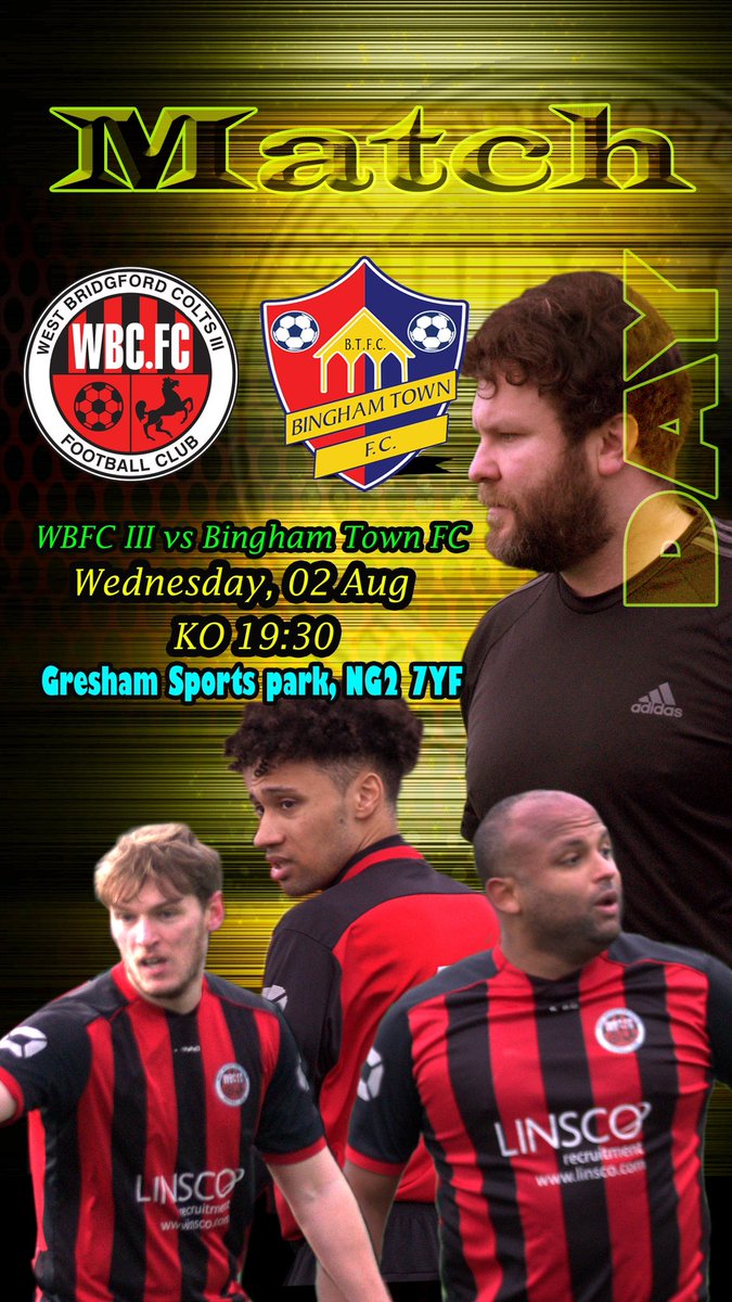 WestBridgford FC III (@wbfc_reserves) on Twitter photo ⚽️⚽️Match day for COLTS III⚽️⚽️
This Wednesday we take on <a href="/Binghamtownfc/">Bingham Town FC</a> at our home , Gresham Sports Park.
KO: 19:30 Hrs.
We expect your presence and support.
#nonleaguefootball #Notts #NottinghamPride #Nottingham #Robinhood ⚽️⚽️Match day for COLTS III⚽️⚽️
This Wednesday we take on <a href="/Binghamtownfc/">Bingham Town FC</a> at our home , Gresham Sports Park.
KO: 19:30 Hrs.
We expect your presence and support.
#nonleaguefootball #Notts #NottinghamPride #Nottingham #Robinhood