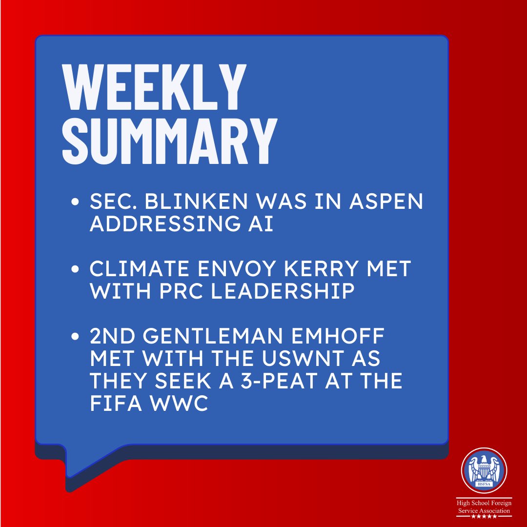hsfsatoday's tweet photo. ✨ Insights and Diplomacy Unveiled ✨ Explore the world of global affairs through this week's Global Affairs Summary! Adapted from @StateDept's The Week at State https://t.co/Fmfpu6f0Ho