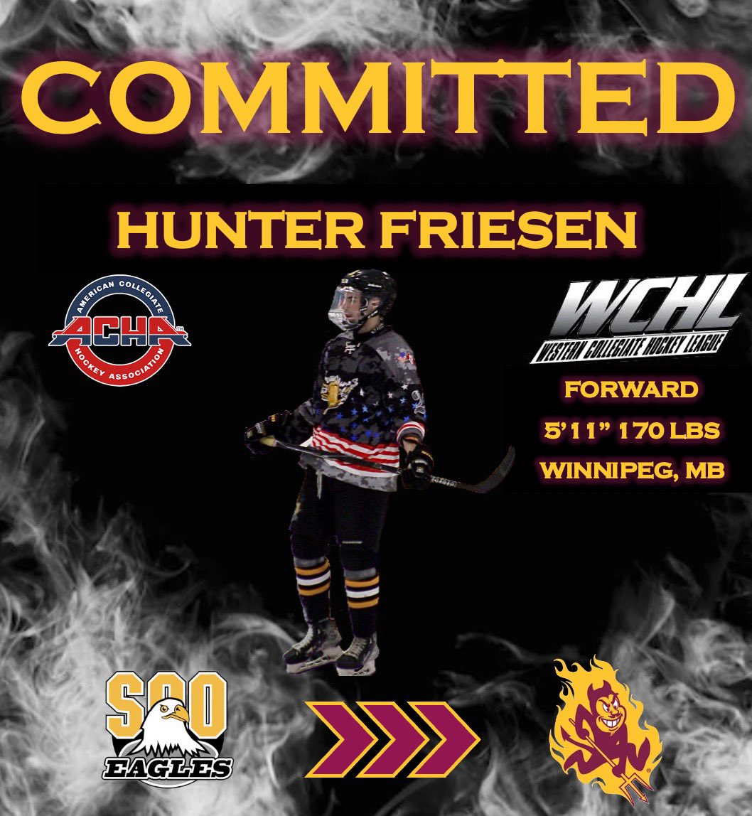 sparkyhockey's tweet photo. Assistant captain of @GoSooEagles Hunter Friesen has committed to ASU for the 23-24 season. Friesen accumulated 36 points in 52 @NOJHL games last season. Welcome to Tempe Hunter ‼️😈 #GoDevils https://t.co/w94qN3WEac