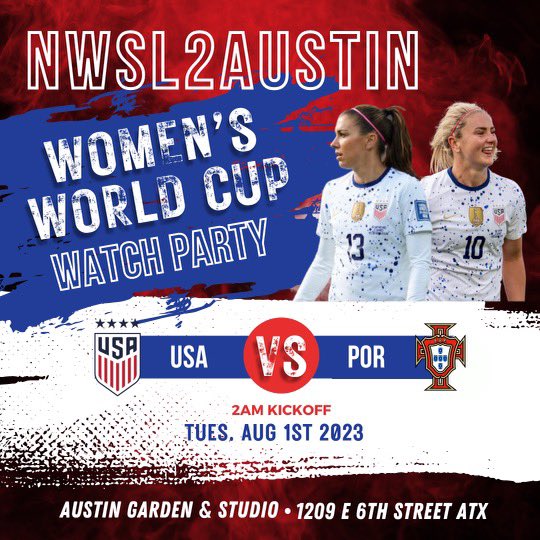 We’re back at it again, at the Austin Garden and Studio.

Join us for #USA vs #POR , last game of the group stage. A must win for #USWNT to immediately advance to the round of 16.

Please RSVP via Eventbrite. This will let us know how many chairs we need.
eventbrite.com/e/wwc-watch-pa…