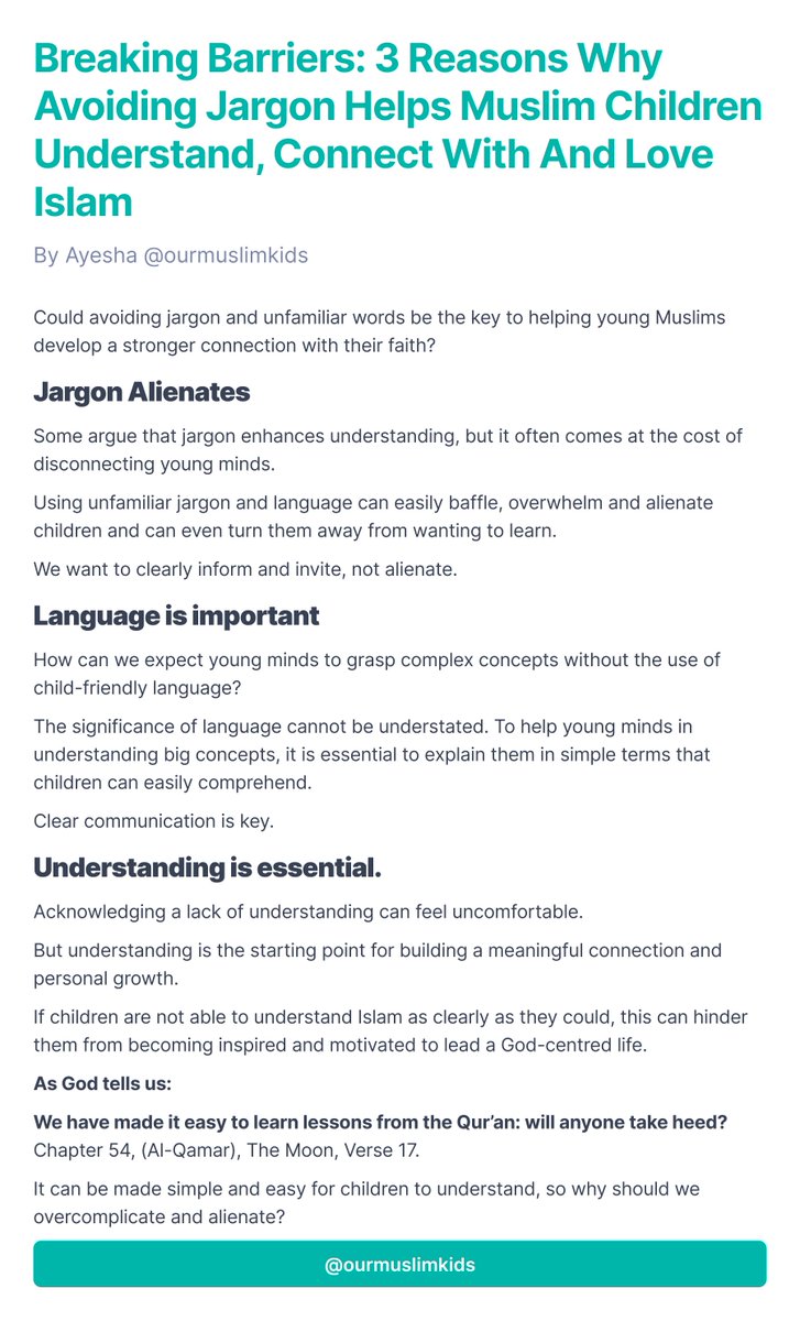OurMuslimKids's tweet image. 📚 Breaking barriers for young minds! 🌟

Discover why avoiding jargon and unfamiliar language is key to unlocking a deeper connection with Islam for Muslim children. 

#UnderstandingIslam #EmbracingSimplicity