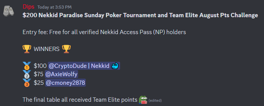 Congrats 🏆
@CryptoChad91 <a href="/AxieWolfy/">AxieWolfy</a> <a href="/cmoney2878/">Cmoney2878</a>