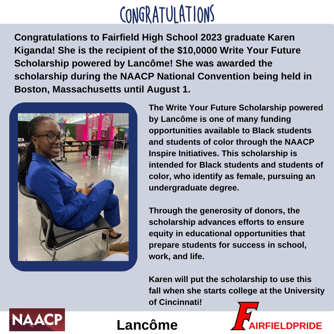 FCSDNews's tweet photo. Congratulations to 2023 FHS graduate Karen Kiganda! She was just awarded a $10,000 scholarship at the NAACP National Convention in Boston, Massachusetts!
#FairfieldPride
#ACTSO
#NAACP
#LANCOME https://t.co/3jnCitofaL