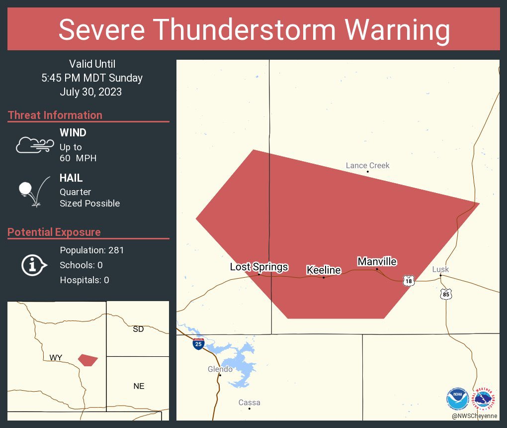 KNEBStormCenter's tweet photo. Severe Thunderstorm Warning including Manville WY, Lost Springs WY and  Hat Creek WY until 5:45 PM MDT #wywx https://t.co/V31Af4icLo