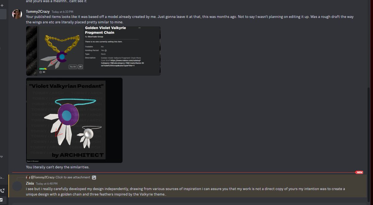ARCH_ROBLOX's tweet photo. Literally ripped my design, and fails to acknowledge his item resembles mine. The UGC community is wild bro. https://t.co/6WV07JzTlb