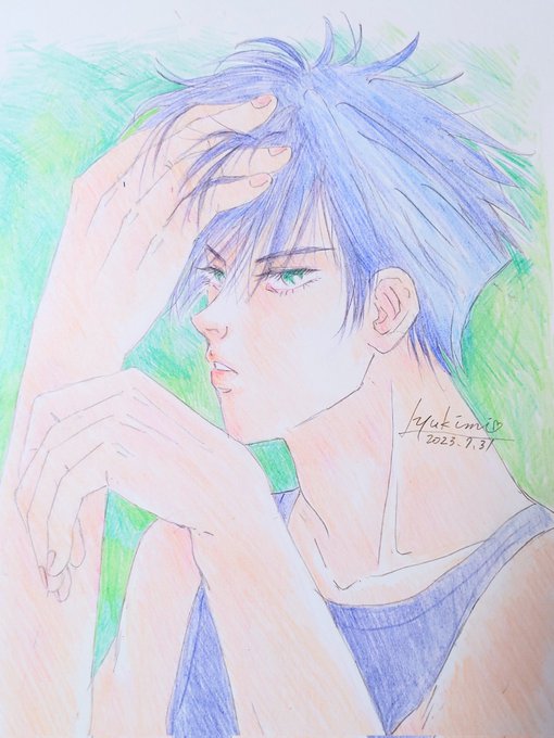 「blue hair hand in own hair」 illustration images(Latest)