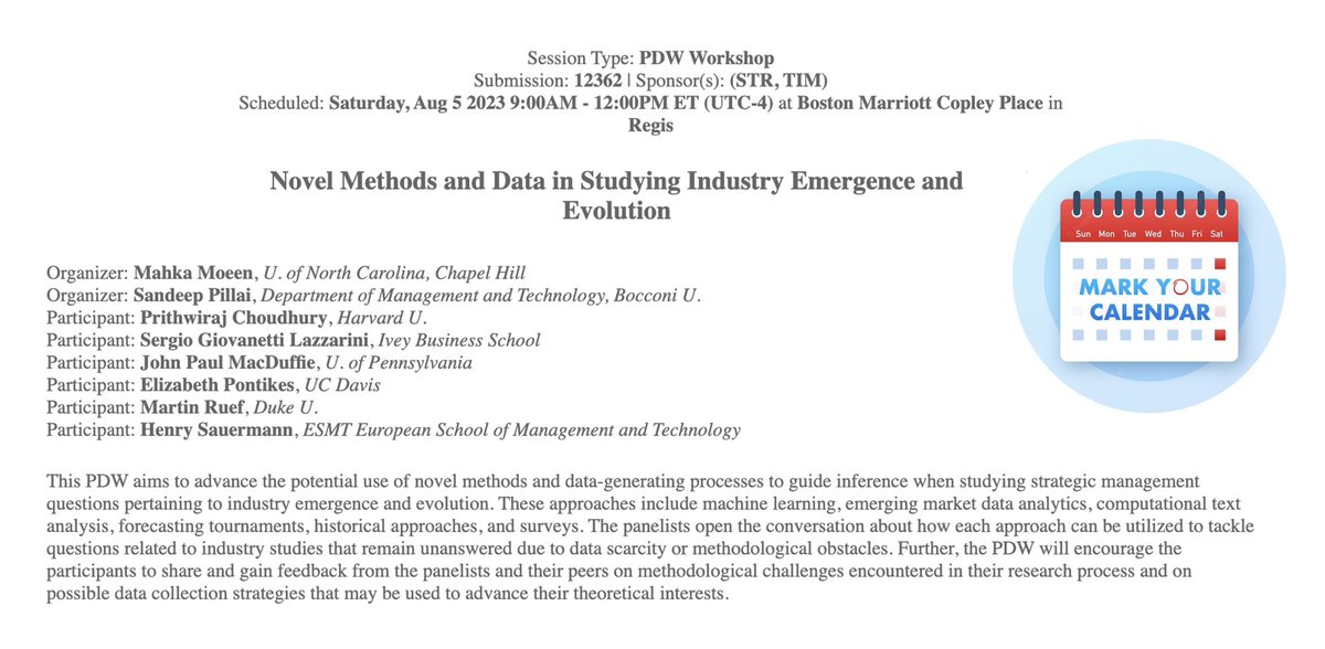 Join us for #AOM2023 PDW about “novel methods &amp; data in studying industry emergence &amp; evolution.” We’ll talk about machine learning, computational text analysis, forecasting tournaments, surveys, and historical methods. ** No pre-registration needed