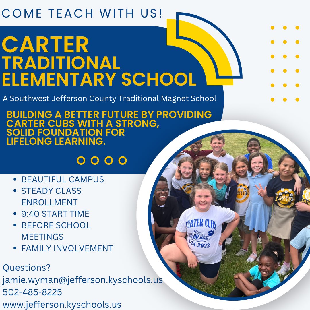 Carter has primary and intermediate positions open! Looking for people new to JCPS! Apply on the JCPS website. Come teach with us!! #jcps #zone1derful #teacherjob