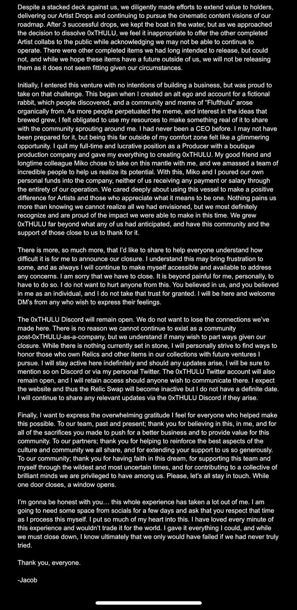 0xTHULU's tweet photo. Important announcement:

Pls see the attached images for details and personal message from our founder, Jacob. https://t.co/fczNHKAOOs