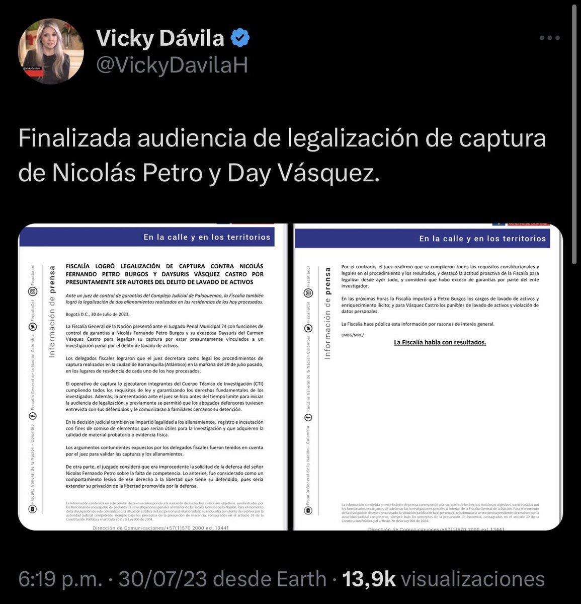 PluralidadZ's tweet photo. Vicky Dávila ⏰ 6:19 p.m.
Fiscalía ⏰ 6:30 p.m.

Increíble, la Fiscalía trabaja de la mano con la revista Semana.

El comunicado lo sacó primero la directora de Semana que la misma Institución. 

https://t.co/S8Ypis8iht https://t.co/D04wgSbjod