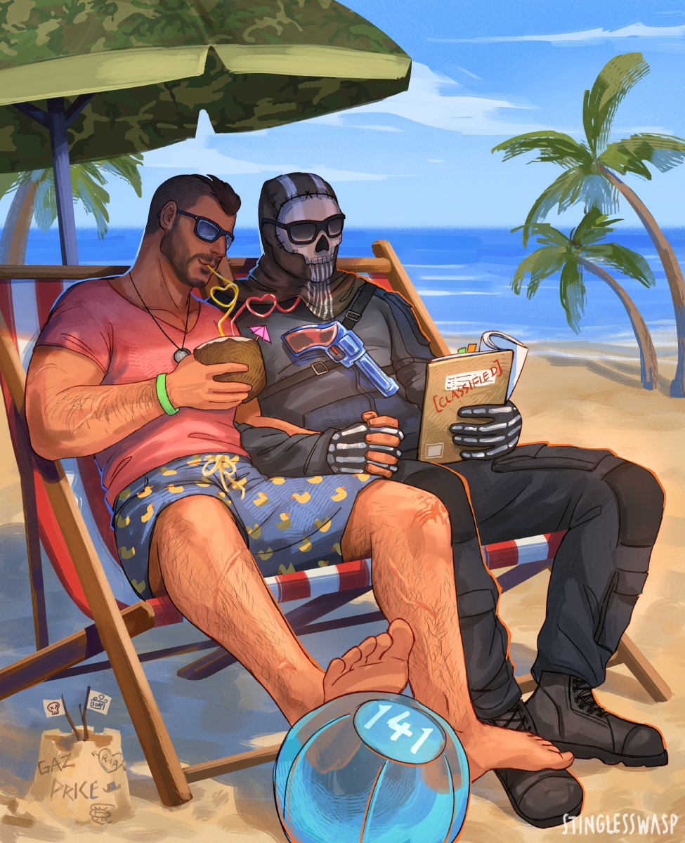 StinglessWasp's tweet photo. Ghost and Soap holding hands and drinking coconut water at the beach 🏖️🥥 #GhostSoap 

(I suddenly had this weird urge to draw this very specific scenario, wonder why) https://t.co/kYatdPOPUg