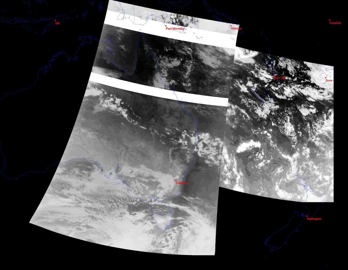 #MeteorMN2_3 composite July 31 AEST #QFH + #Nooelec Noaa + #Airspy mini Did my first composite using #satdump, thanks to @aang254 for working on this software. #weather #LRPT #Satellite #Australia