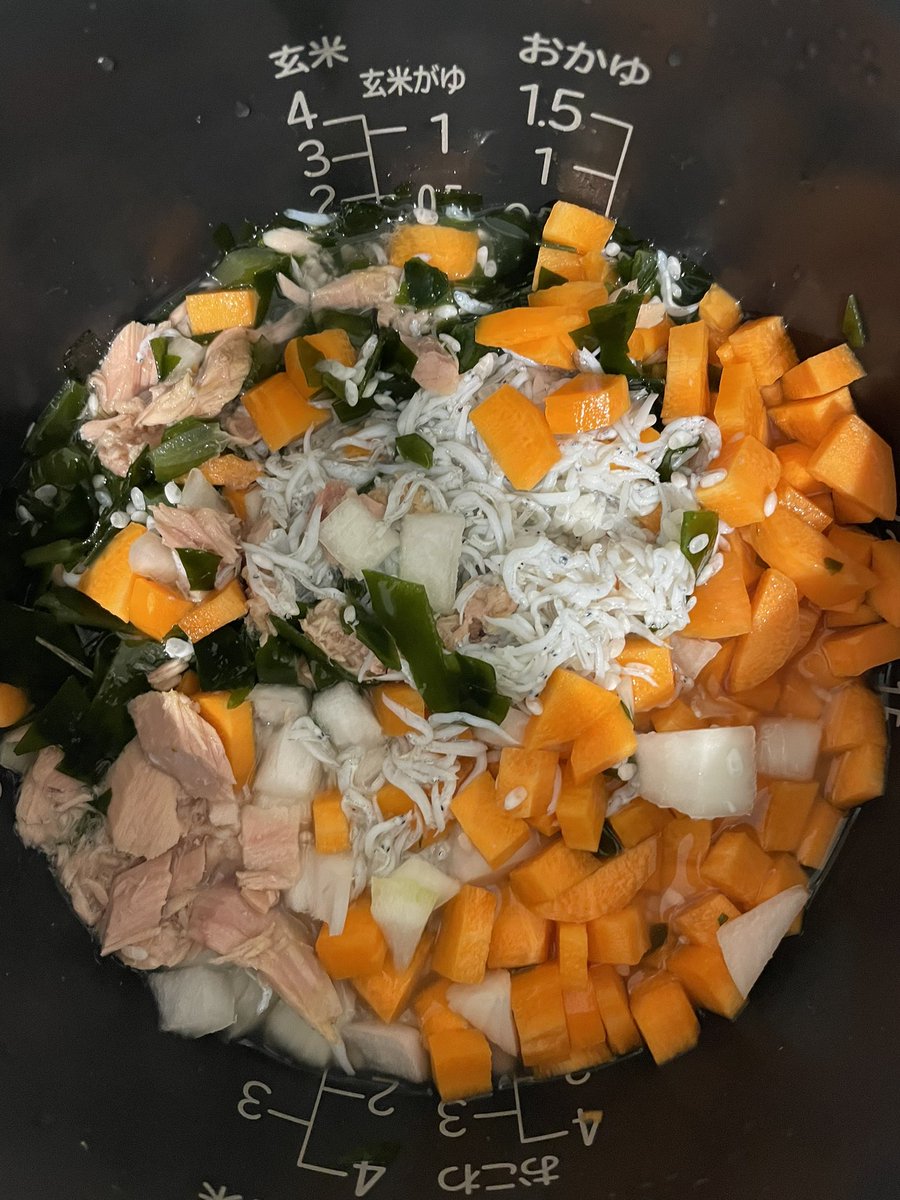 emuemu0205's tweet photo. 1回分の栄養がこれだけで摂れる混ぜご飯〜！と思って作ったらちょー美味しかった😋
【しらすとわかめの炊き込み粥】120g 6食分
2倍粥
米200g 水400ml
わかめ30g
しらす 100g
人参 120g
玉ねぎ 120g
後期後半はツナ1缶(70g)
全部お好みのサイズに切って炊飯器でおかゆモード☺️しらすは塩抜きしてね！ https://t.co/juqdT8niPW