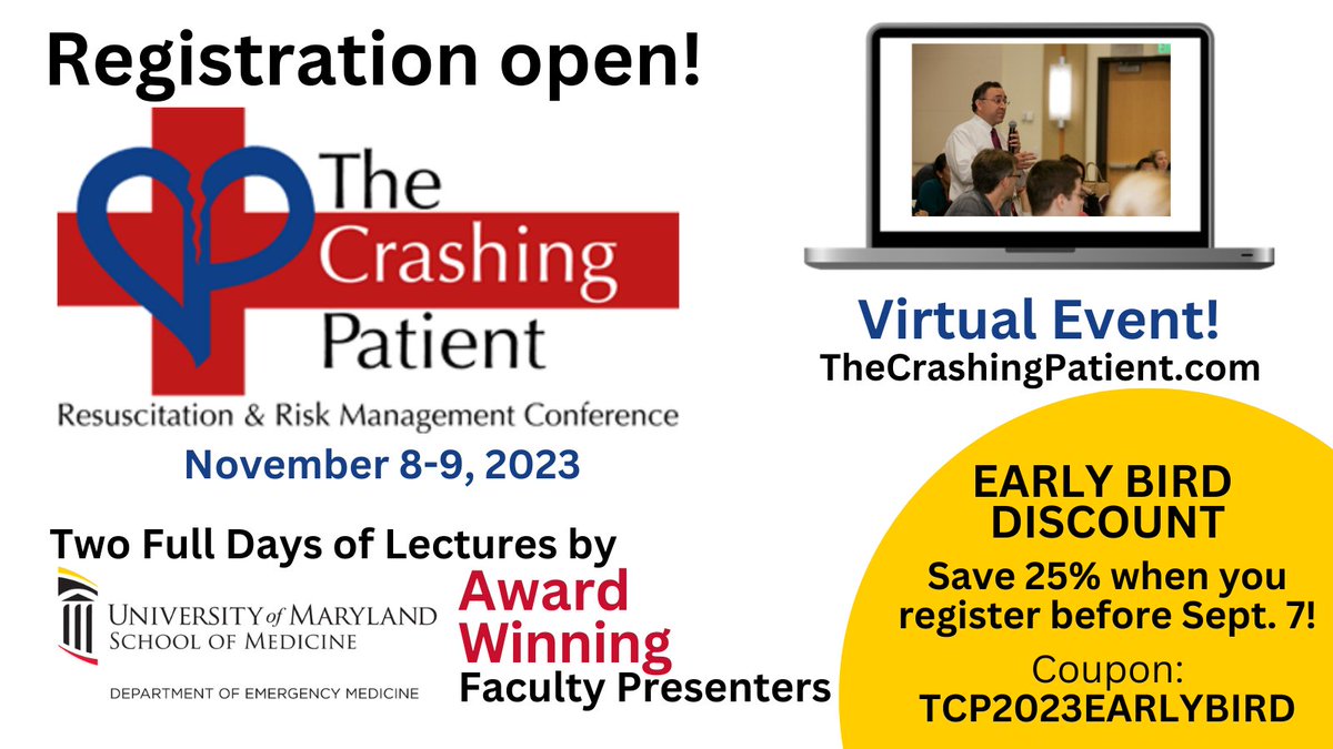 So excited to see that registration is open for UMEM's The Crashing Patient Conference! A truly exceptional conference developed and run by @amalmattu. Can't wait to see you all in November! @UMEmergencyMed #UMEMTCP