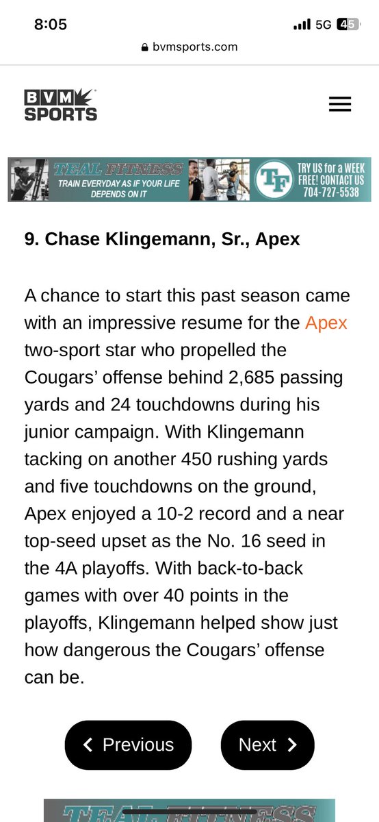 Good publicity for our QB! <a href="/ApexFB/">Apex High School Football</a> <a href="/apexcougarclub/">Apex Cougar Club</a>