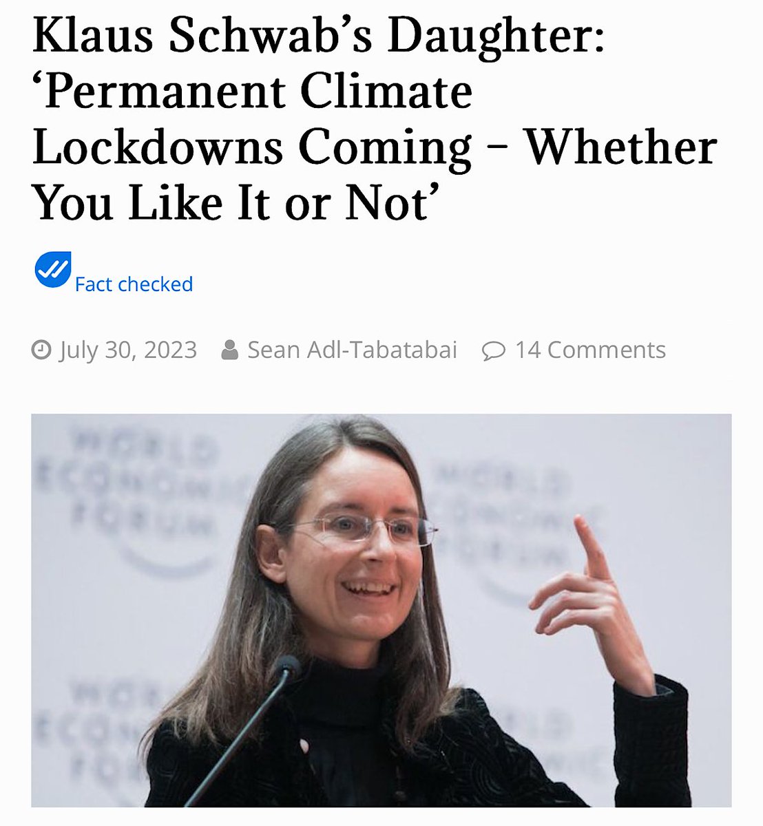 Klaus Schwab’s Daughter… “Permanent Climate Lockdowns Coming… Whether You Like It or Not”

thepeoplesvoice.tv/klaus-schwabs-…