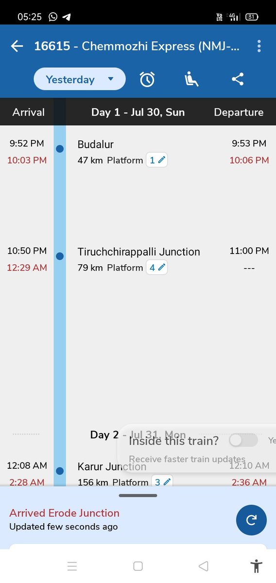 SathishDlight's tweet photo. This train halted at Trichy nearly 1.30 hours and again before Erode totally 3.02 hours delay without any valid reason . Still it's not reach the destination. @IRCTCofficial @GMSRailway @RailwaySeva @RailMinIndia
Trn:16615
Dt:30-07-23
Frm NMJ to CBE https://t.co/BmZP0S2GyV