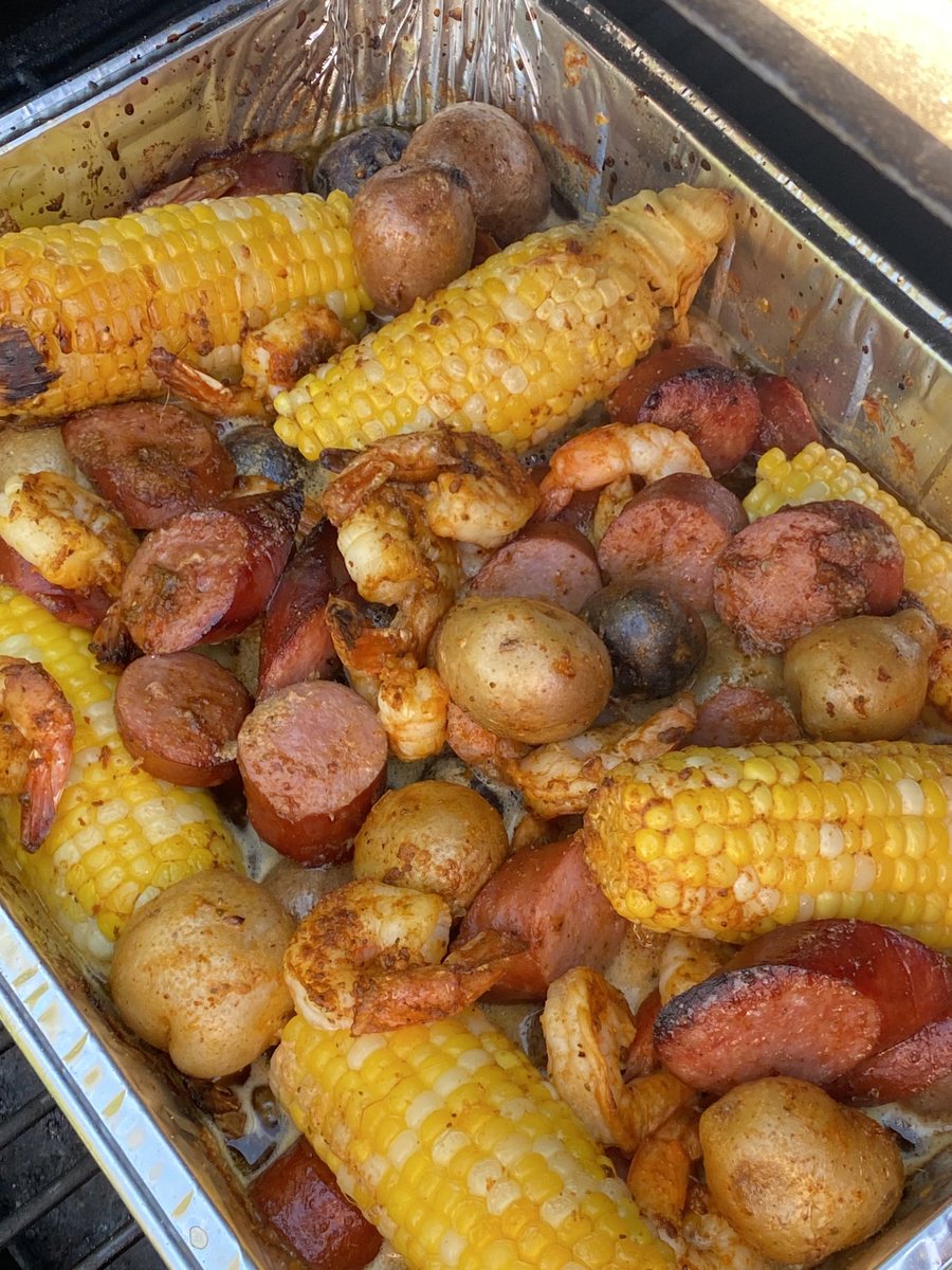 First time on Traeger.  Corn. Shrimp.  Polish Sausage and baby potatoes.