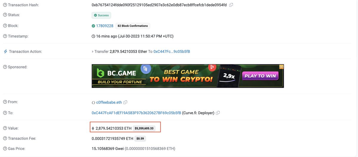 #PeckShieldAlert c0ffeebabe.eth has returned 2,879 $ETH (~$5.4m) to #Curve deployer 
etherscan.io/tx/0xb76754124…
