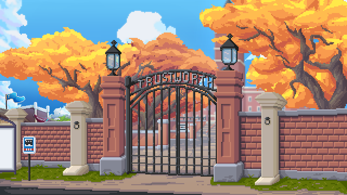 ImpactXplay's tweet image. New main gate background with interactions for the player to be able to take the bus during the weekends. #pixelart #lustworthacademy #gamedevdiary