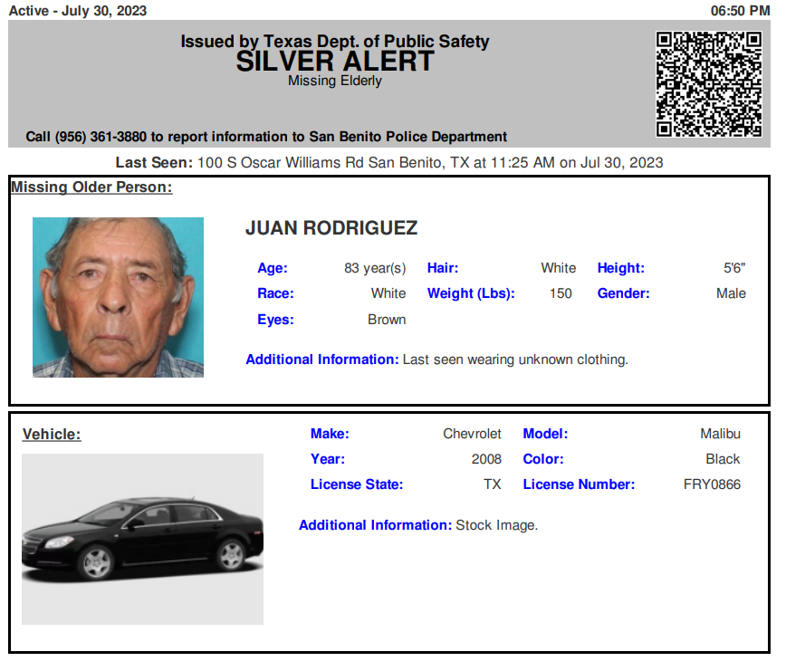 TX_Alerts's tweet photo. ACTIVE SILVER ALERT for Juan Rodriguez from San Benito, TX, on 07/30/2023,TX plate FRY0866 https://t.co/rfewozmveI