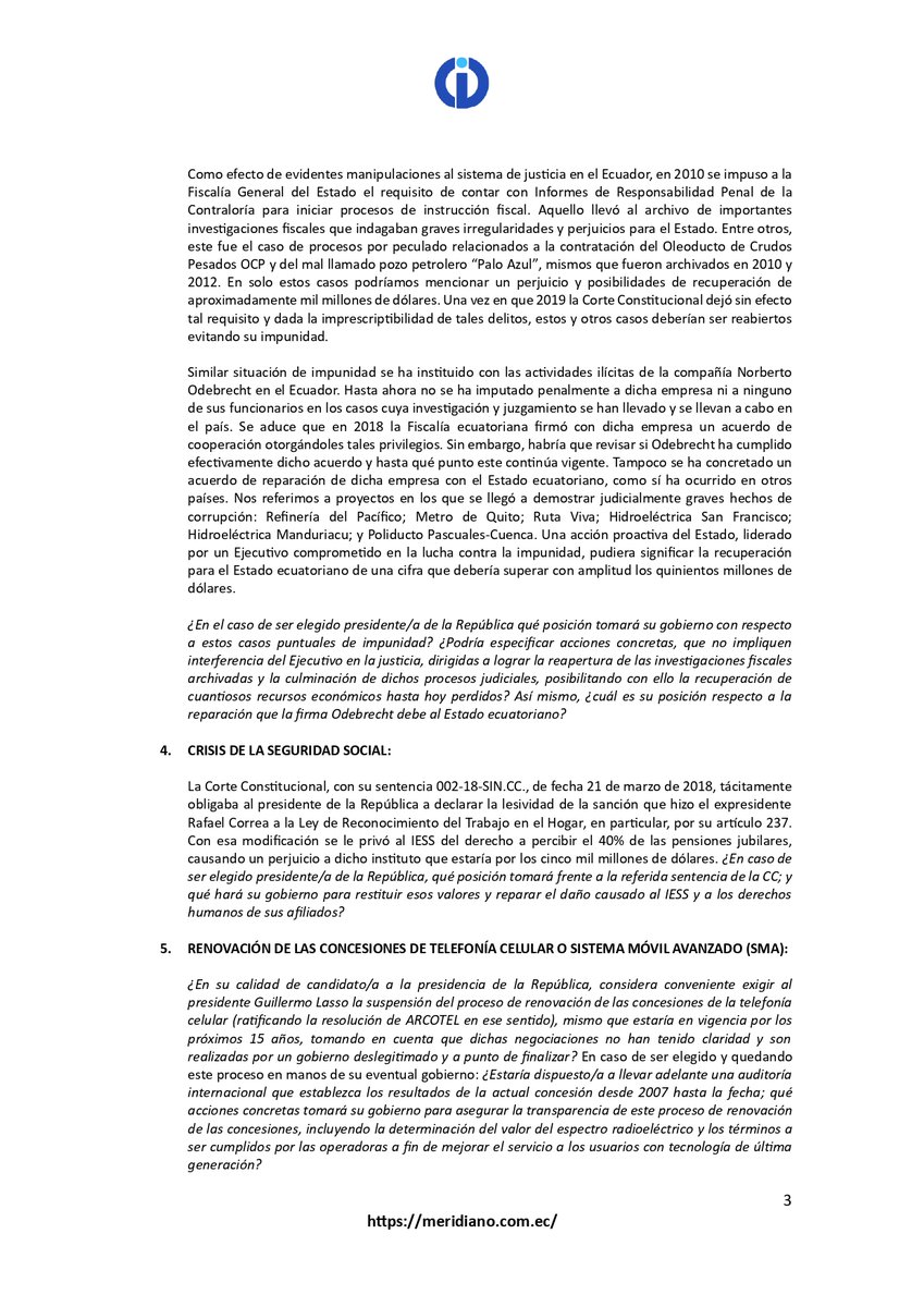 Fundación Meridiano exhorta a los candidatos presidenciales para ofrecer respuestas claras a la ciudadanía en 5 temas decisivos en la lucha contra la corrupción <a href="/BolivarArmijos/">Bolívar Armijos</a> <a href="/xhervas/">Xavier Hervas</a> <a href="/LuisaGonzalezEc/">Luisa González</a> <a href="/DanielNoboaOk/">Daniel Noboa Azin</a> <a href="/yakuperezg/">Yaku Pérez Guartambel</a> <a href="/ottosonnenh/">Otto Sonnenholzner</a> <a href="/jantopicecuador/">Jan T. Topić</a> <a href="/VillaFernando_/">Fernando Villavicencio</a>