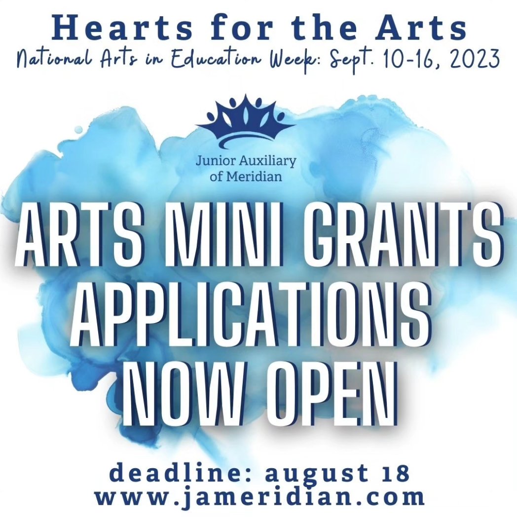 HEARTS FOR THE ARTS 🎨

Mini Grant apps &amp; volunteer requests are open through 8/18.

Tag an educator &amp; encourage them to apply:
bit.ly/JAofMeridianHe…