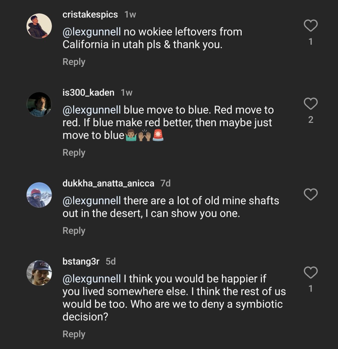 LexInturmoil's tweet image. I posted ONE COMMENT on Instagram about how: maybe, just maybe, it's not the Californians ruining Utah, maybe it's always been this awful. And the Utahns in the replies are just proving my point.